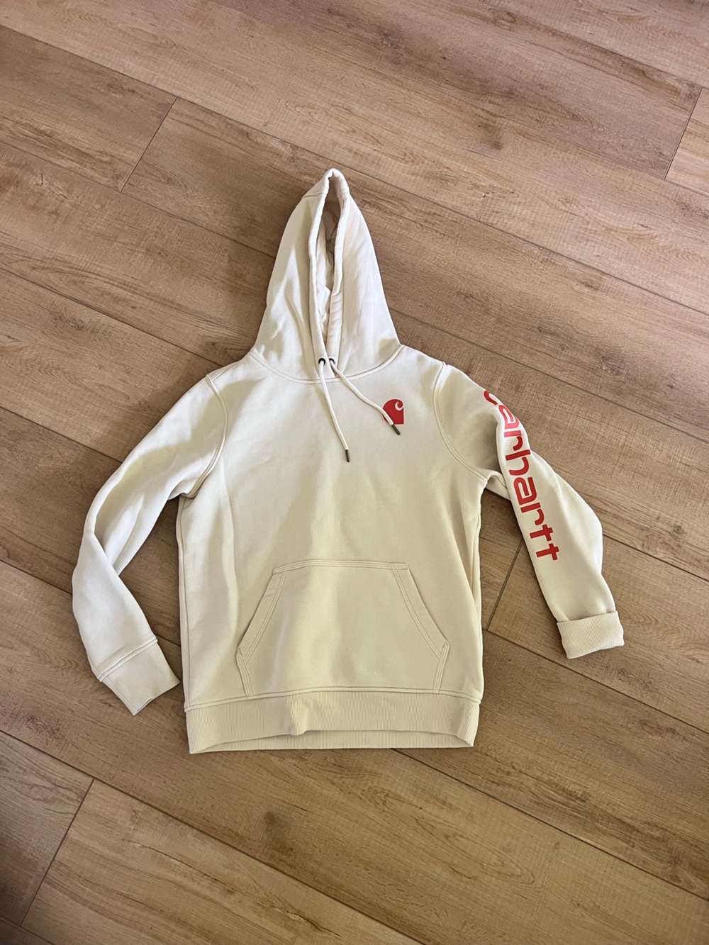 Carhartt Kids Cream Pullover Hoodie with Red Logo Sleeve